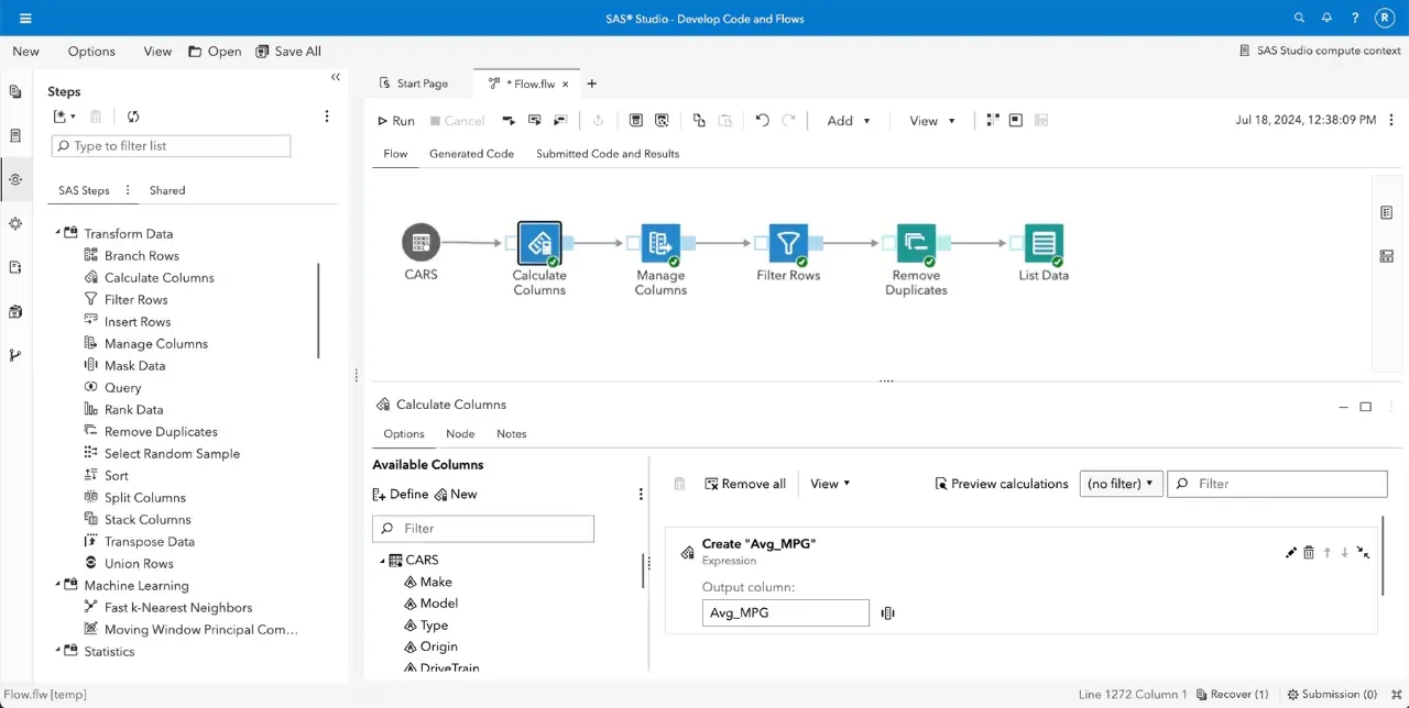 SAS Studio data-preparation flow with column calculations and dataset transformation steps