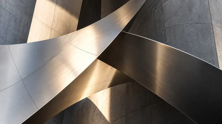 Interlocking metallic architectural surfaces and diagonal shadows