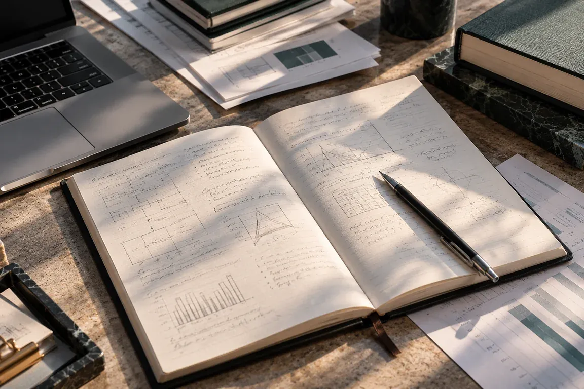 Research and analytical workspace with open notebook