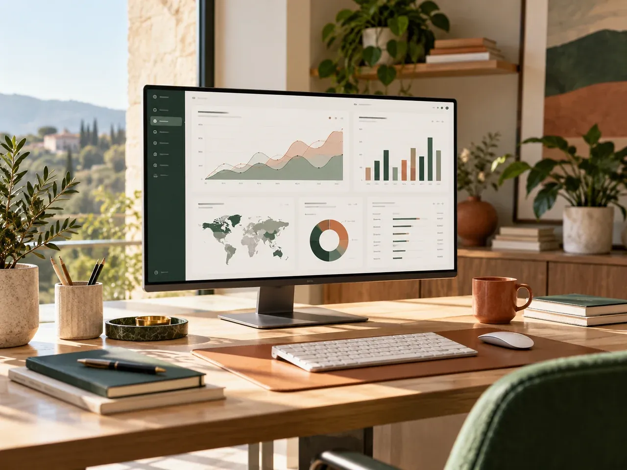 An analytical workspace with a desktop monitor, keyboard and study materials
