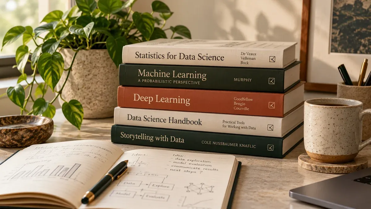 A considered arrangement of academic reference books and learning materials