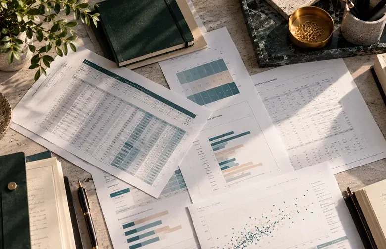 Source tables and spreadsheet reports laid out for review