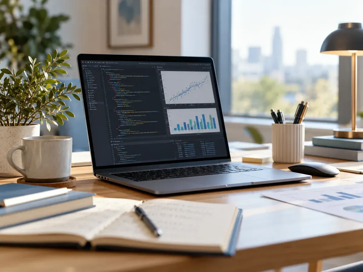 Laptop with code editor and plots in a study workspace