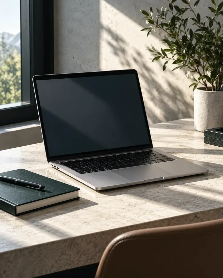 Laptop with notebook in a quiet daylit workspace