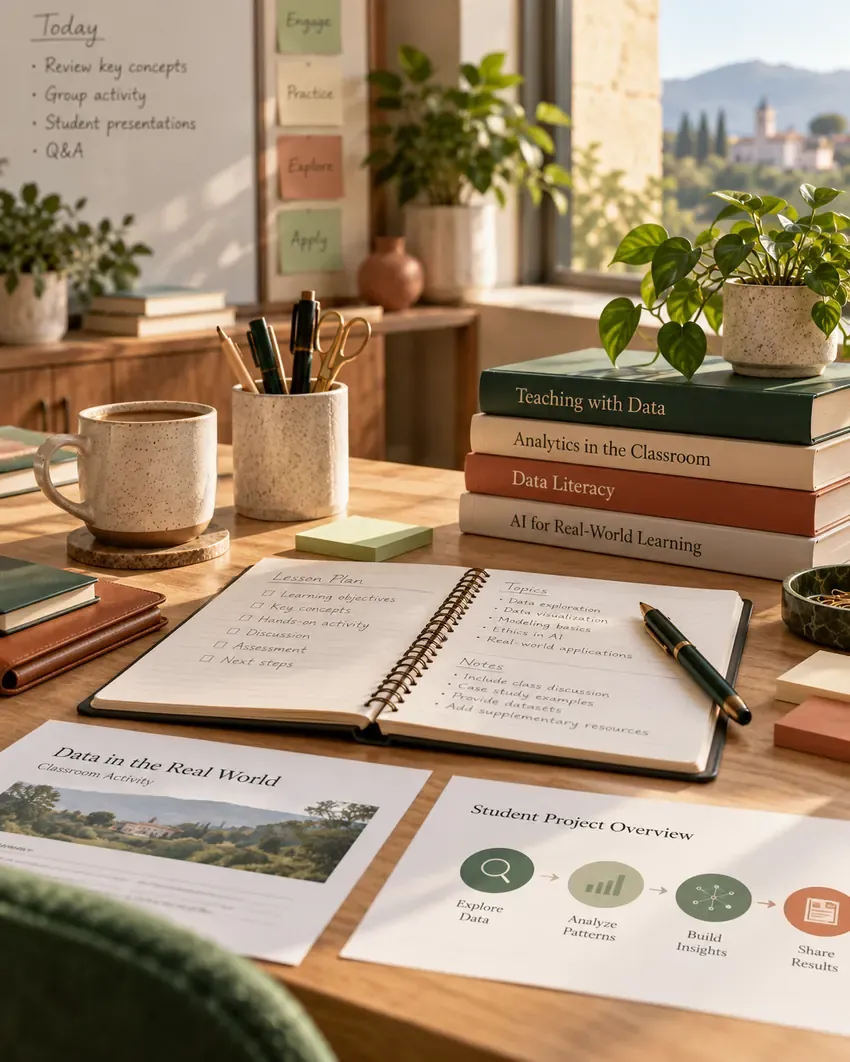 Teaching notes, reference materials and an open notebook on a worktable